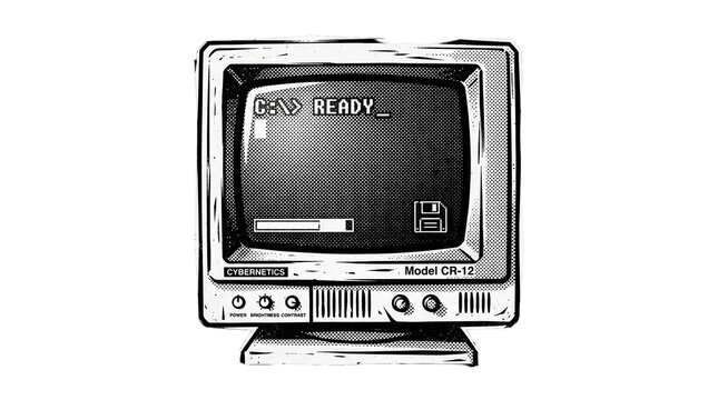 Cybernetics cr 12 computer monitor showing loading bar and floppy disk on white background.