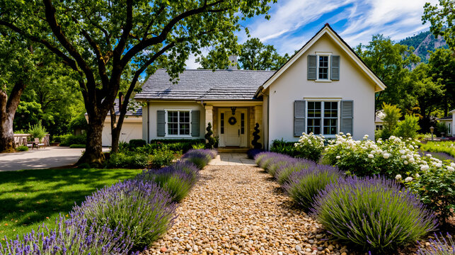 A white house with a gray roof surrounded by a gravel path and lavender plants