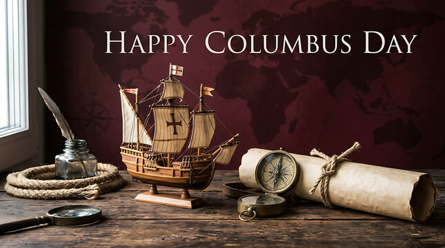 Happy Columbus Day concept with model ship, compass, and old map background
