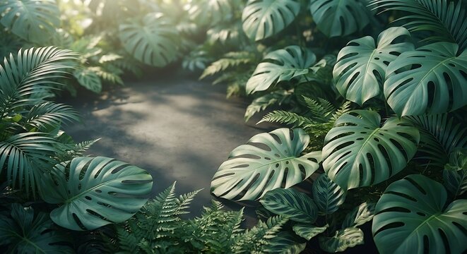 Lush tropical monstera leaves framing a dark natural background with copy space