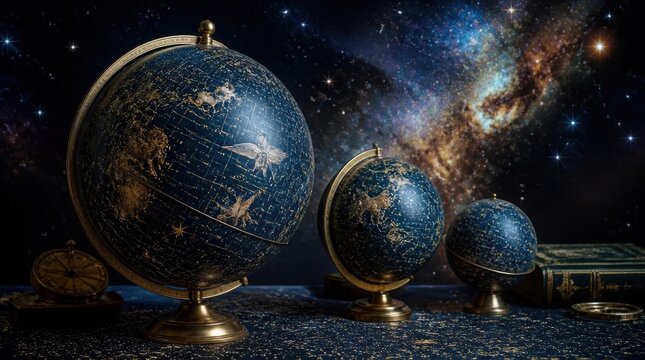 Three hand-painted celestial globes featuring intricate gold constellations on dark blue spheres, displayed with a vintage astrolabe and books against a cosmic nebula background.