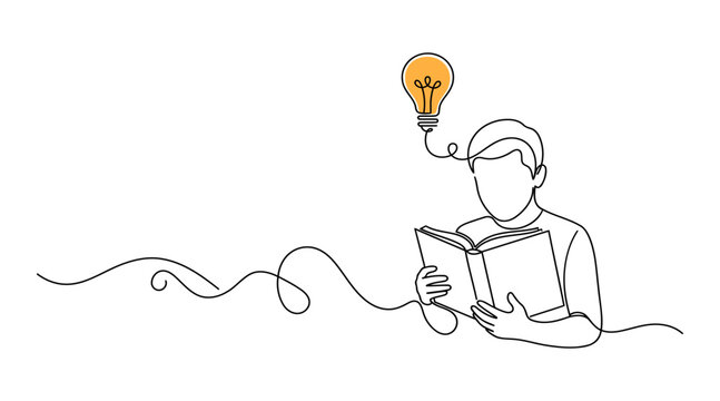 Man reading a book with a glowing idea lightbulb knowledge learning education inspiration