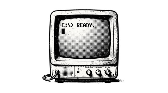 Vintage monochrome computer monitor showing dos command line interface on white background.