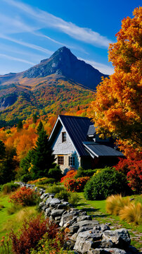 A picturesque autumn scene featuring a quaint house nestled among trees and a stone wall with a majestic mountain in the background