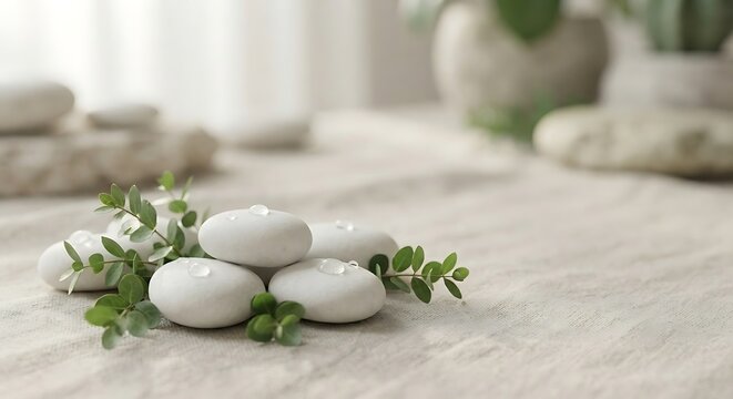 Set of smooth river stones arranged with fresh thyme sprigs on neutral wooden surface for wellness branding