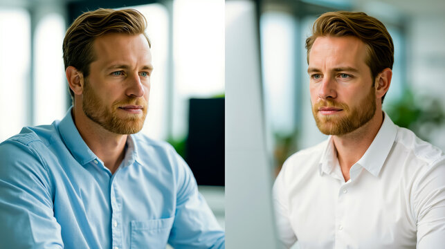 A split-screen photograph of a man with a beard wearing a blue shirt on the left and a white shirt with a collar on the right