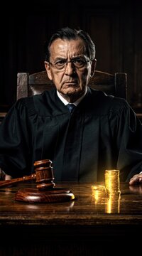 Cinematic portrait of an authoritative male judge in black robes sitting at a wooden desk with a gavel and glowing stacks of gold coins in a dark courtroom setting.
