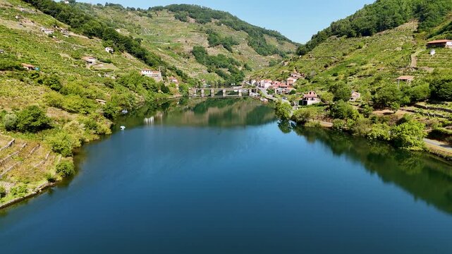 Aerial view of Ribeira Sacra vineyards and Sil river canyon in Spain