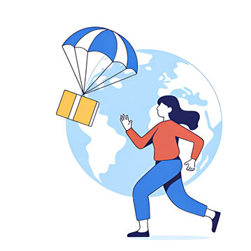 Woman running toward package delivered by parachute with globe behind during global delivery concept