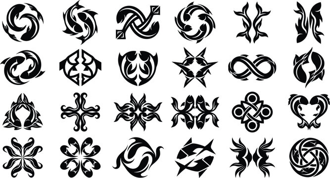 Array of stylized tribal fish logos and pisces zodiac symbols isolated on a plain scenery.