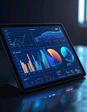 A digital tablet displays vibrant financial data charts and analytical graphs on a dark, reflective table, no people. This professional workspace shot conveys precision, growth, and tech insight.