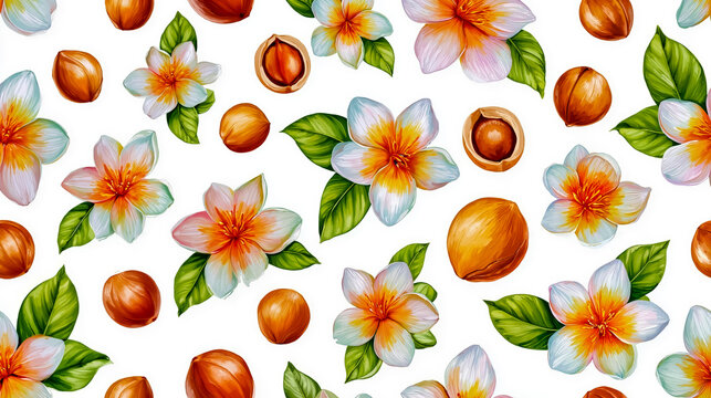 A digital illustration featuring a pattern of flowers and nuts on a white background