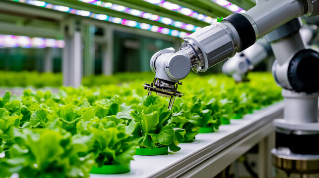 A robotic arm is tending to a row of green plants in a greenhouse