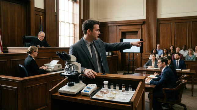 Lawyer Presents Scientific Evidence In Courtroom With Microscope