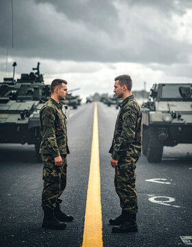 Two soldiers stand facetoface on a runway between armored vehicles, embodying duty and tension. The serious atmosphere evokes themes of conflict and preparation, ideal for defense projects.