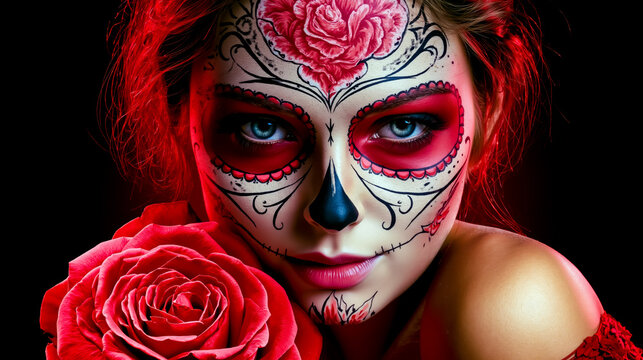 A woman with red hair and red makeup on her face including a skull design is looking directly at the camera
