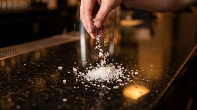 Chef hand sprinkling coarse sea salt onto a dark granite kitchen countertop in a professional kitchen