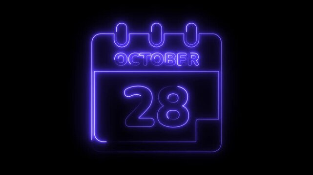 October 28th date neon glowing calendar animation on black background
