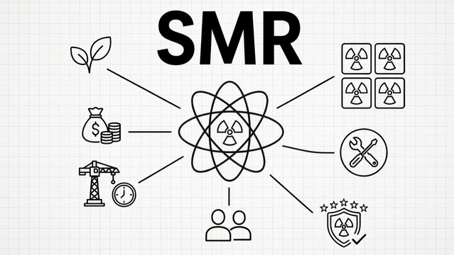 Small modular reactor smr concept with nuclear energy symbols and tools