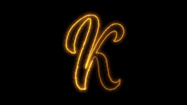 Glowing golden cursive letter K animation isolated on black background for dynamic typography.