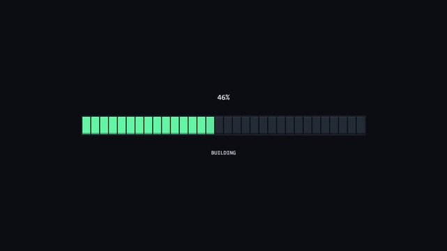 Clean 8-bit horizontal progress bar animation for software development, coding, application building, loading, system updates, data processing and technology interface concepts.