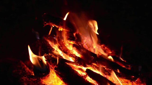 Closeup of fierce bonfire flames dancing dynamically over hot wood logs. Dynamic thermal energy visuals with seamless loop for travel projects, relaxation, and cozy winter backdrops.