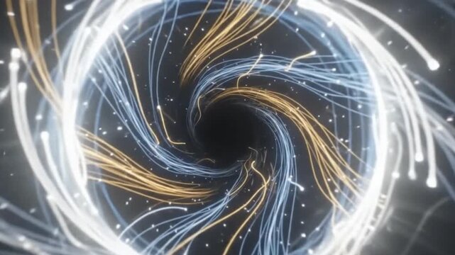 Futuristic digital data spiral and glowing light threads motion background