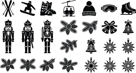Fototapeta premium Black and White Winter Sports and Christmas Icon Set Featuring Skiing, Nutcrackers, Pine Branches, and Star Ornaments