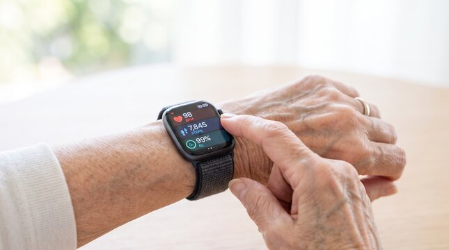 Macro Shot of Senior Wrist Wearing Smart Health Tracker 