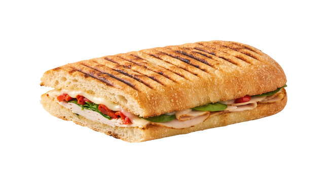 Grilled panini sandwich with turkey cheese spinach and red pepper on transparent background. Toasted ciabatta bread with grill marks and melted filling.