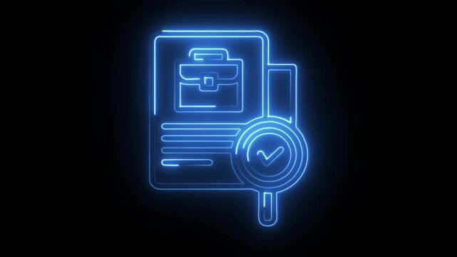 Neon job application with checkmark and briefcase concept on black background for recruitment