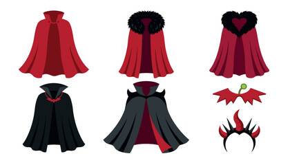 Vampire and devil halloween costume capes set featuring red cloaks with fur collar and horned headbands . Gothic fantasy apparel vector illustration elements © MEHERUL