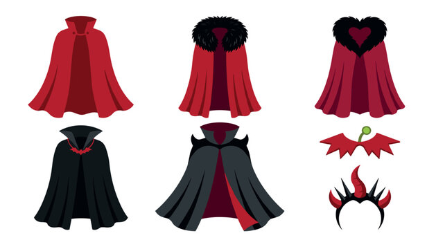 Vampire and devil halloween costume capes set featuring red cloaks with fur collar and horned headbands . Gothic fantasy apparel vector illustration elements