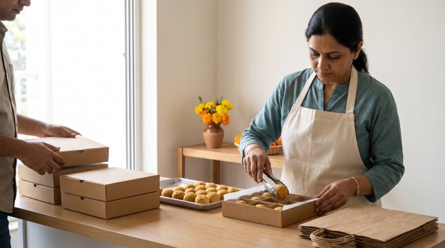 Indian woman preparing pastries for delivery in her small business kitchen.
