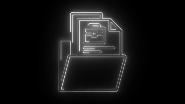 Glowing neon folder and documents icon animation on black background