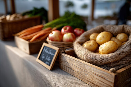 Wooden crate of fresh potatoes in burlap with carrots and apples on indoor market display