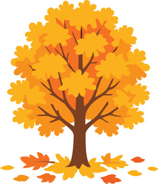 Autumn Tree Vector Illustration with Colorful Orange and Yellow Leaves, Seasonal Nature Foliage Design with Branches Isolated on White Background