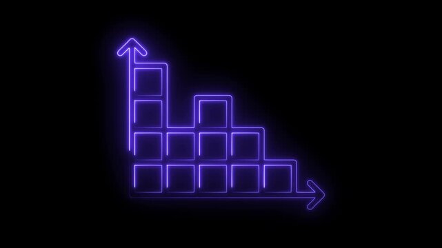 Neon style bar chart with upward trend on black background animation