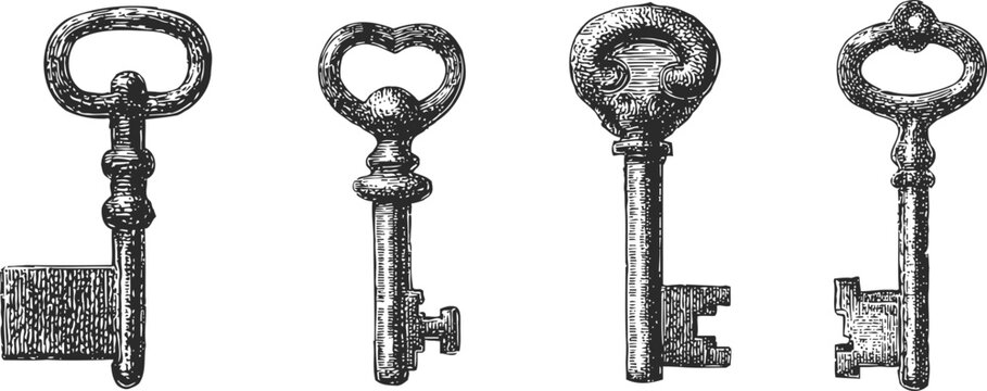 vintage ornate keys set antique skeleton keys in decorative shapes and styles isolated on white background