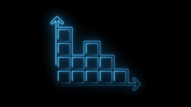 Neon style bar graph declining then flatlined business data visualization concept