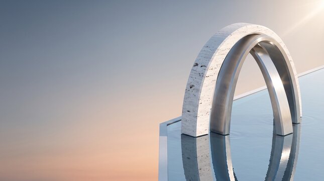 Monumental white travertine and brushed titanium arches over infinity pool at sunrise, vernal equinox balance and minimalist architecture concept with vast copy space