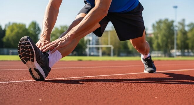 Athlete stretching legs on outdoor running track during warm-up for fitness training