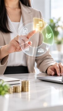 Businesswoman using digital interface for financial asset allocation management strategy planning.