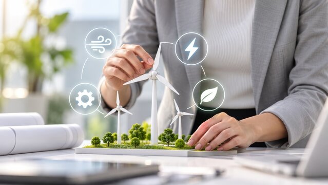 Professional business person planning sustainable wind energy infrastructure development project model.