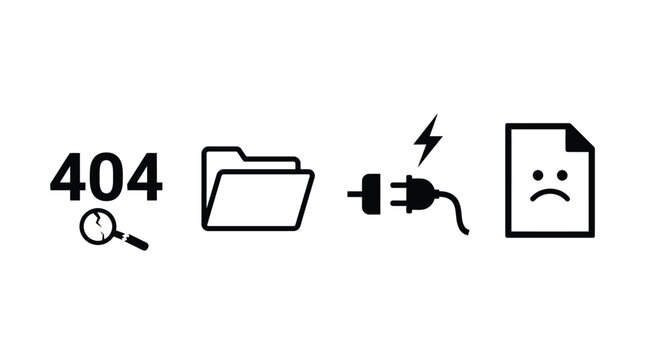 404 error number icon with broken clock, empty folder, electrical plug with spark and sad file document, minimal black outline web graphics