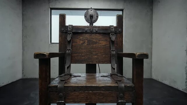 Electric chair in a dark concrete prison execution chamber room