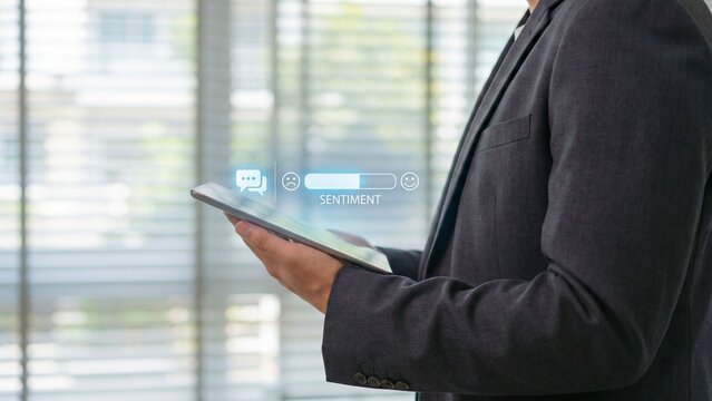 Brand sentiment analysis icon on tablet, marketing technology concept for business