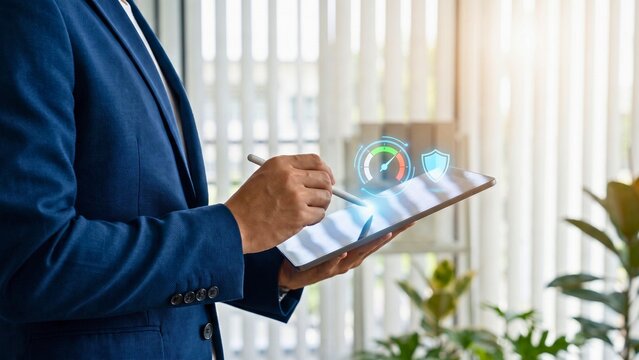 Risk scoring gauge icon on tablet, insurance technology concept for business