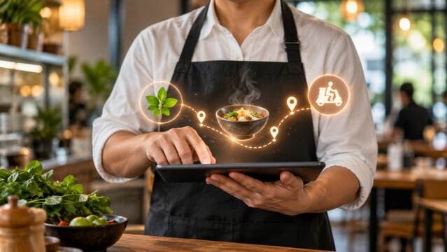 Professional waiter using tablet for restaurant food delivery management system concept.