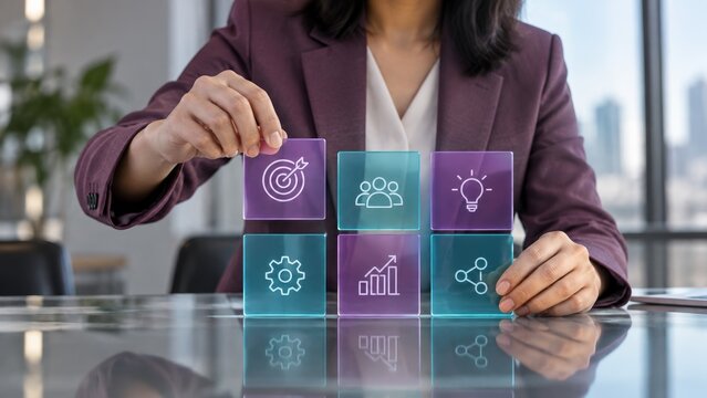 Business professional building success strategy with interactive digital icons for corporate growth and strategic management plans.